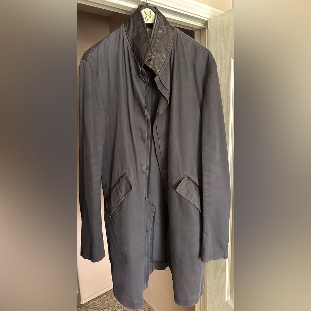 Billy Reid Gray Walking Coat w/ Leather Collar